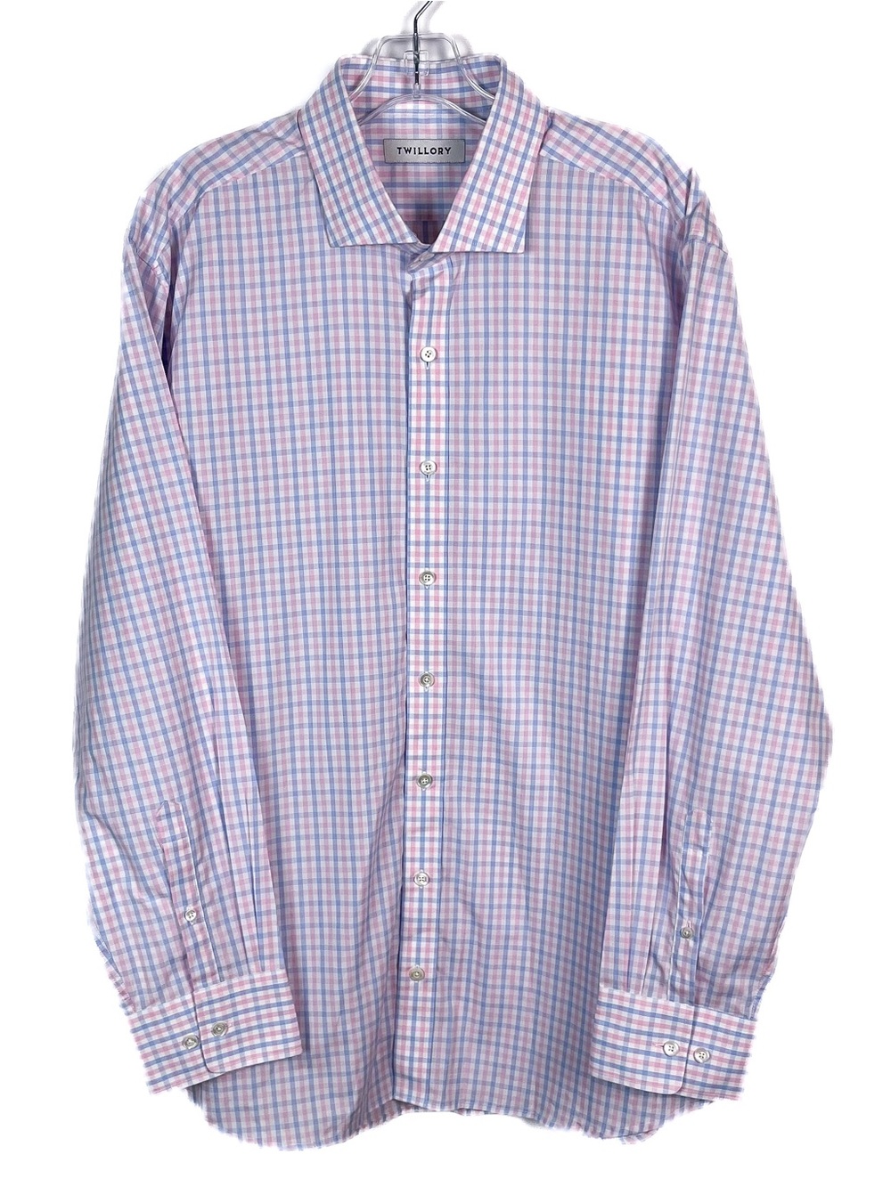 Twillory Shirt Mens 18 34/35 Blue Pink Plaid Button Up Cotton Non-Iron Casual
